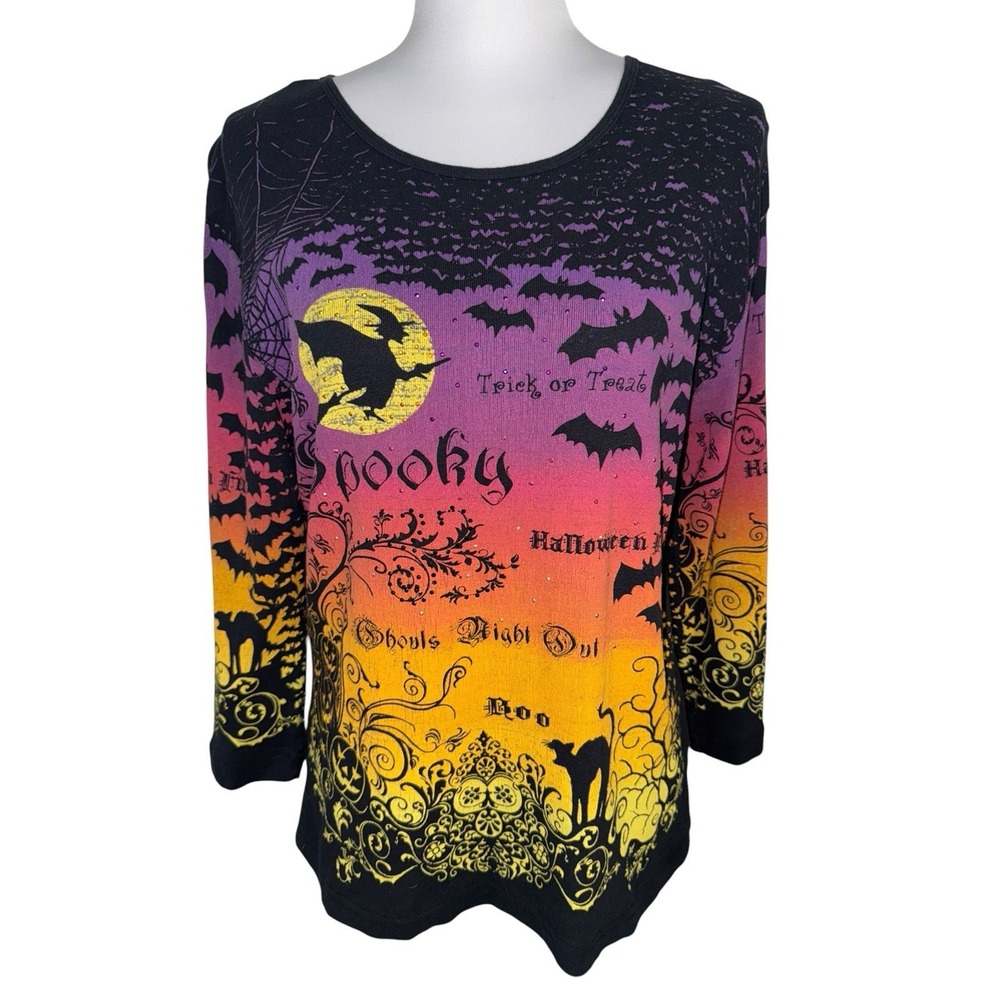 VTG‎ Studio Collection Halloween Witch Bats Cat Top Medium 100% Cotton Spooky